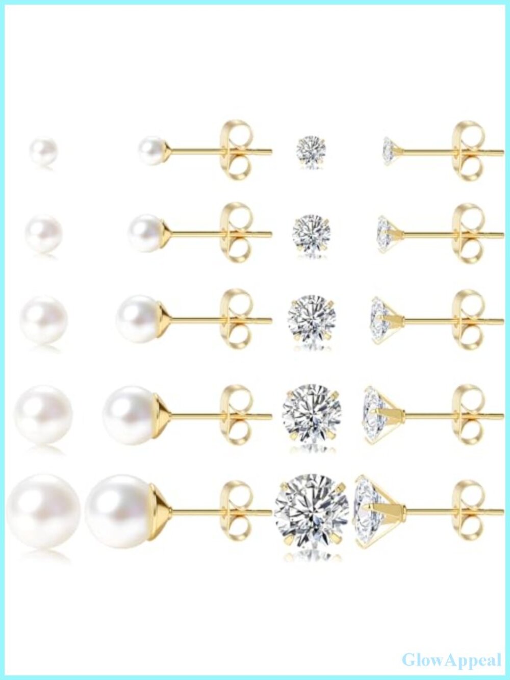 14K Gold Plated Stud Earrings Set for Women - 10 Pairs Hypoallergenic CZ & Pearl